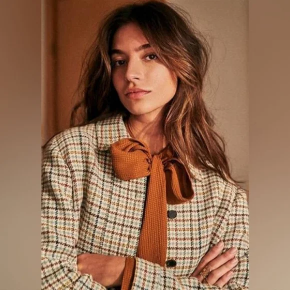 SÉZANE Will Cream Brown Houndstooth Plaid Wool Jacket RARE size Small NWT - Picture 4 of 13